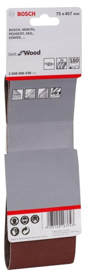 Ταινία Λείανσης Ξύλου Bosch 075Χ457 Κ180 3τεμ. 2608606038