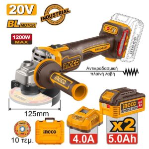Γωνιακός Τροχός Μπαταρίας 125mm 20V Li-Ion με Αντικραδασμική Πλαϊνή λαβή Ingco CAGLI2120272E